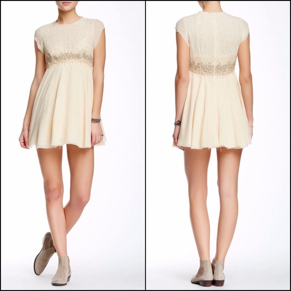 Free People Champagne Sequin Beaded Embellished Chiffon Formal Babydoll Dress - Picture 2 of 11